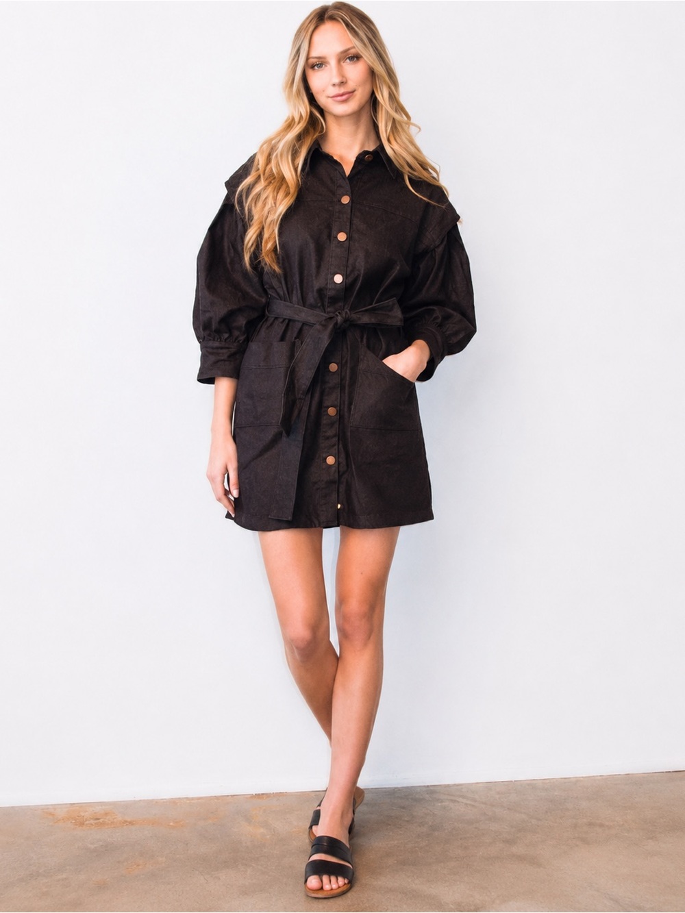 🖤✨ Never A Wallflower Black Denim Shirt Dress Women’s‎ Large Belted Mini 🖤✨